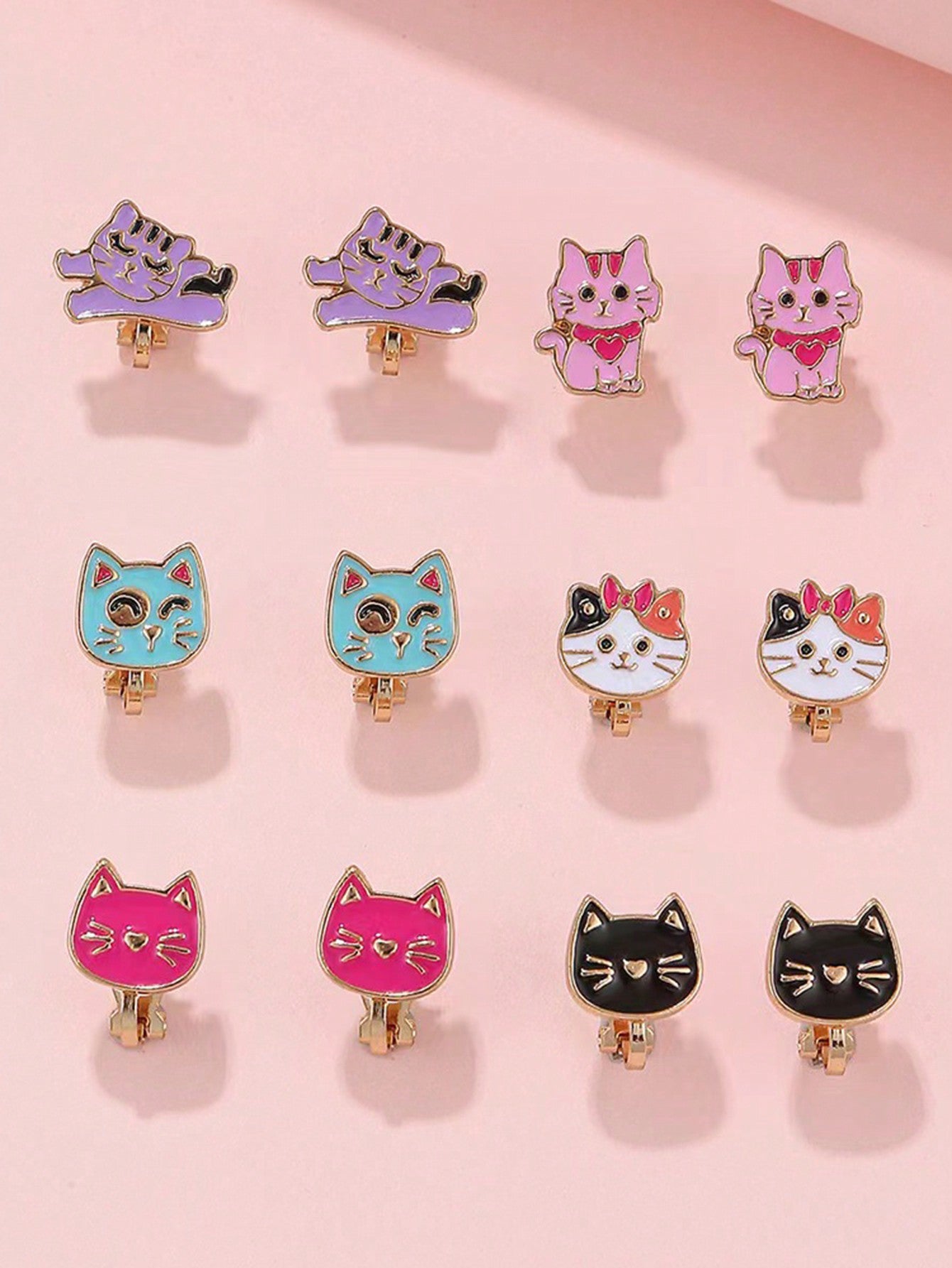 1set Cute Cartoon Cat Pattern Colorful Drip Clip-On Earrings (No Piercing Required) For Kids Daily Fashion