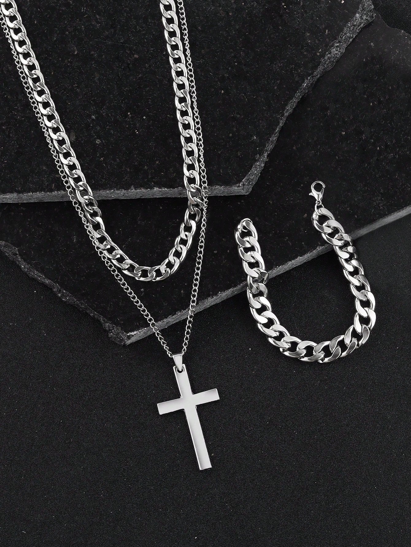 3pcs Boys' Cross Pendant Necklace Set Including Bracelet And Necklace, Sporty Style