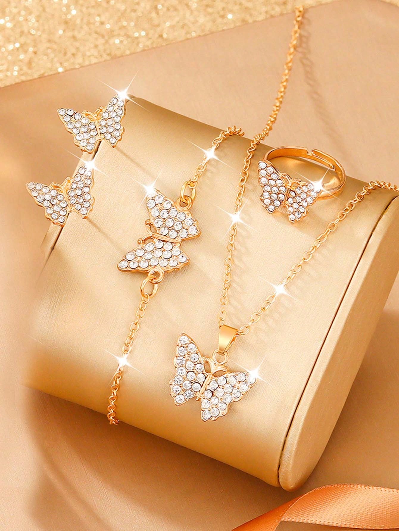 5pcs Golden Rhinestone Butterfly Shaped Fashionable, Versatile And Casual Girl's Jewelry Set