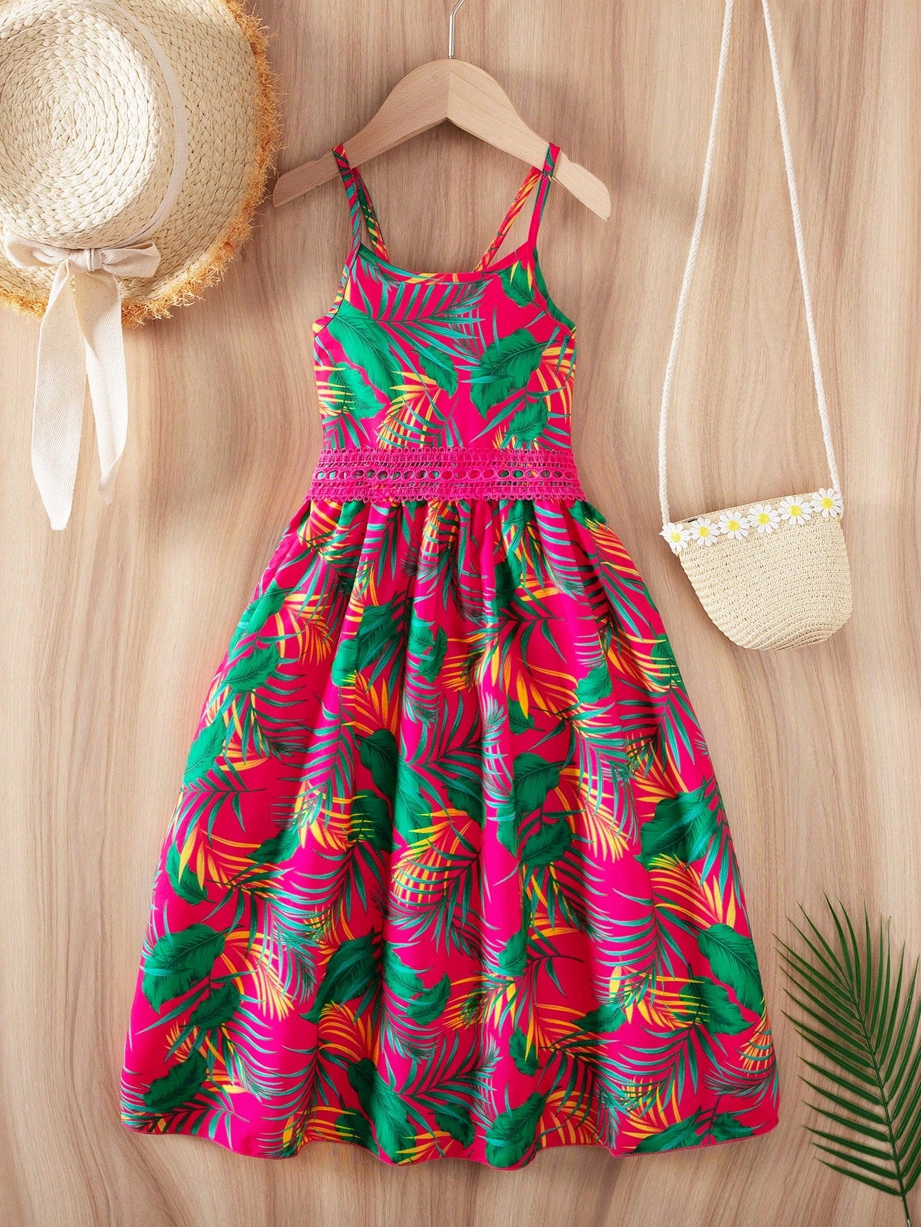 Young Girl's Tropical Print Contrast Lace Strap Dress For Vacation & Leisure