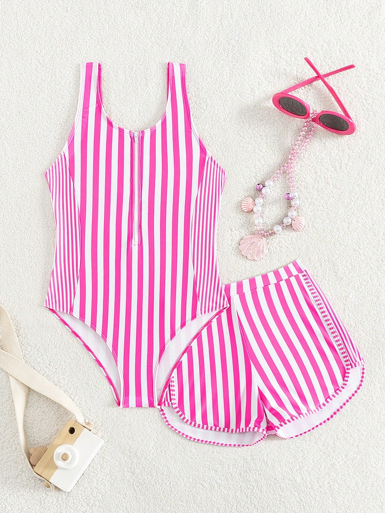 Teen Girl Cute Striped Zipper Half Placket One Piece Swimsuit With Shorts For Summer Beach And Swimming