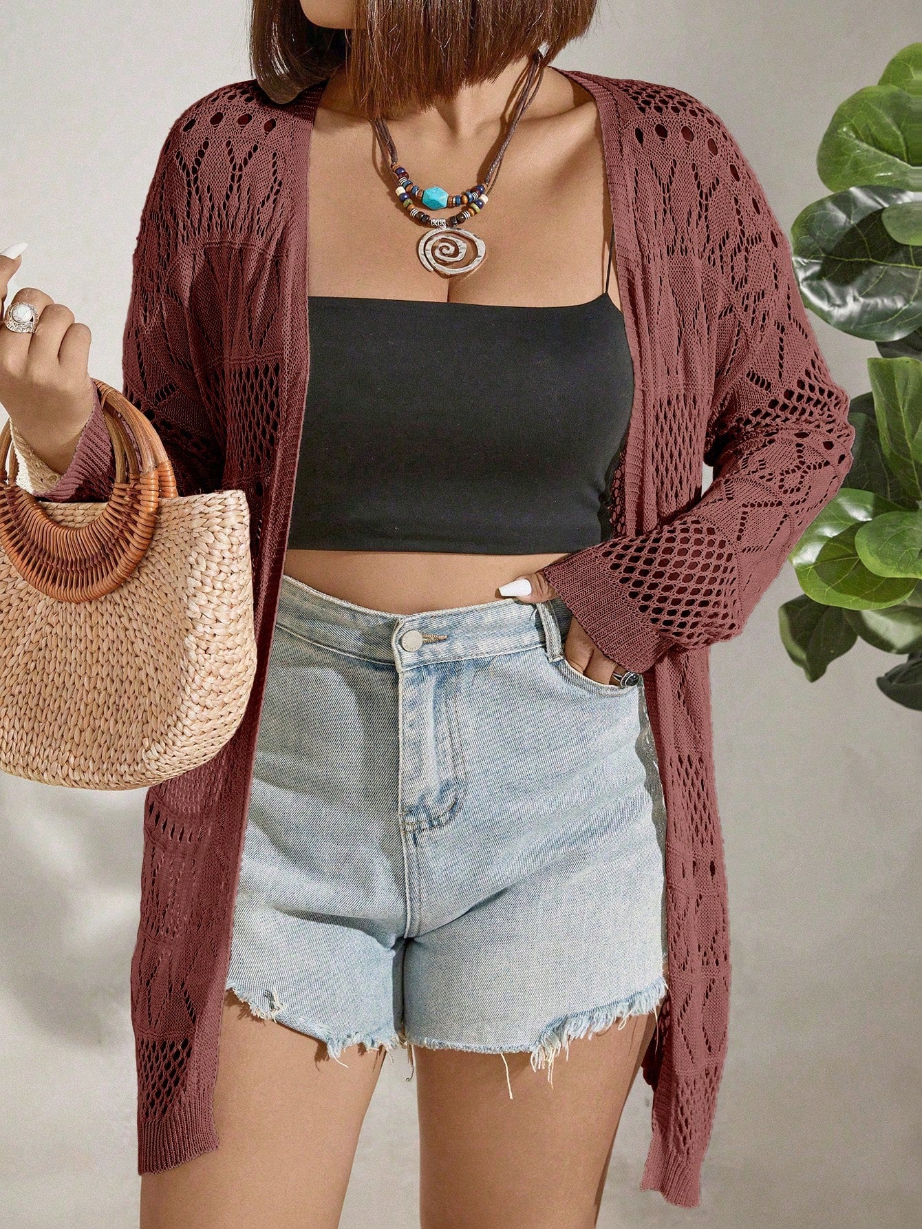 Plus Size Solid Color Hollow Knitted Cardigan For Casual Wear