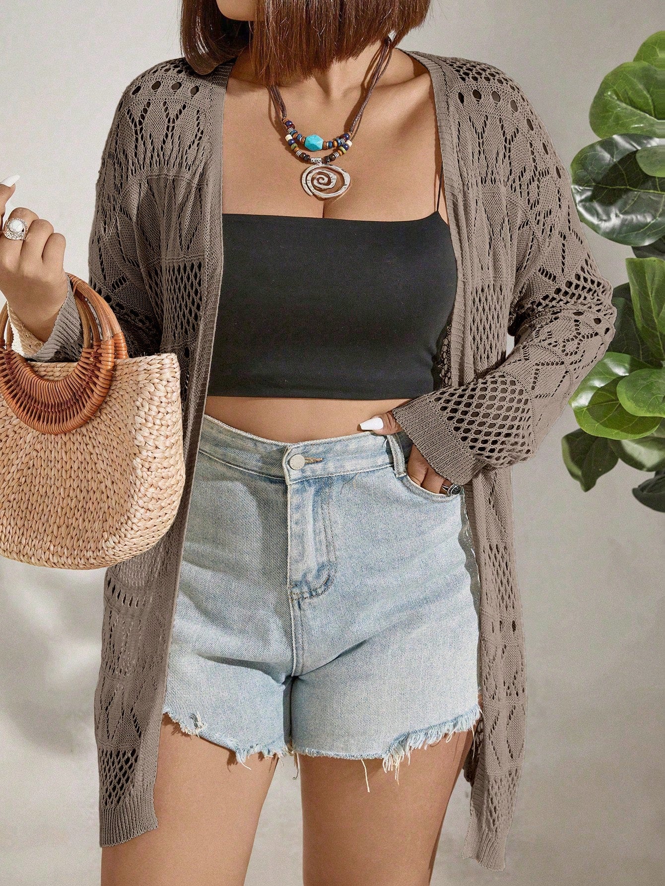 Plus Size Solid Color Hollow Knitted Cardigan For Casual Wear