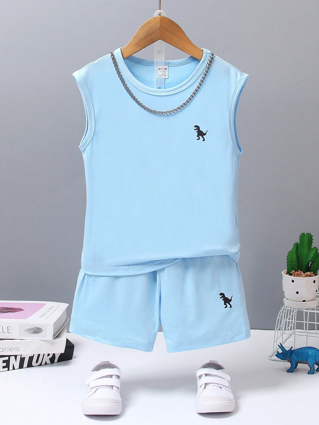 Kids Young Boy Cute Dinosaur Print Sleeveless Hoodie And Athletic Shorts Set For Summer