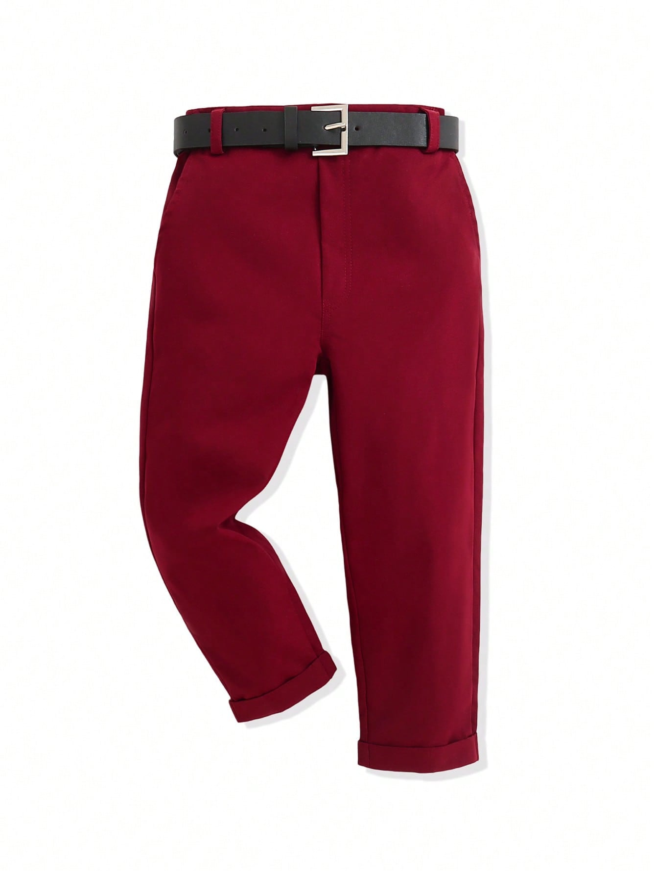 Young Boy Casual And Comfortable Solid Color Suit Trousers With Fashionable Belt Accessory. Featuring Slanted Pockets For A Simple And Convenient Style, Suitable For Daily Casual Wear, Travel, Parties, Festivals And School. Goes Well With A Shirt For Spri