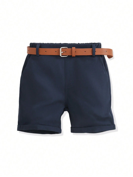 Young Boy Comfortable Woven Solid Color Belt Shorts, Spring/Summer