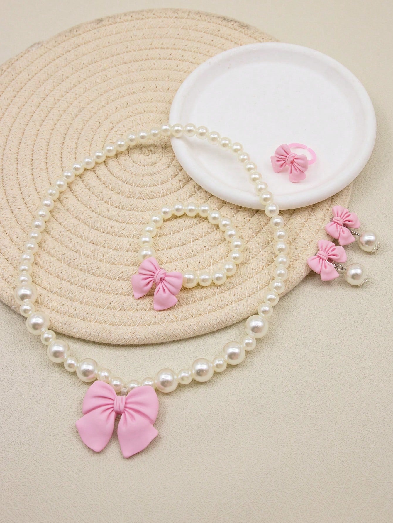 1set Kids' Girls' Cute Bowknot & Beaded Necklace Bracelet Ring Earrings Set