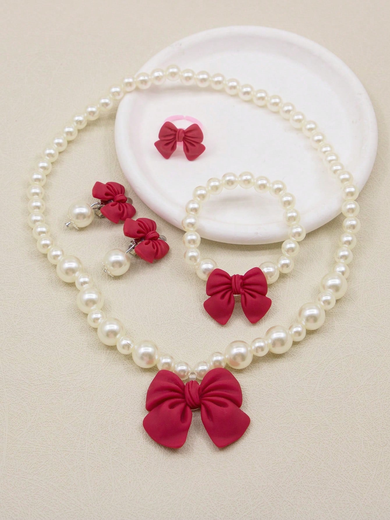 1set Children's Girls' Cute Bowknot & Beaded Necklace, Bracelet, Ring, Hair Clips Combination