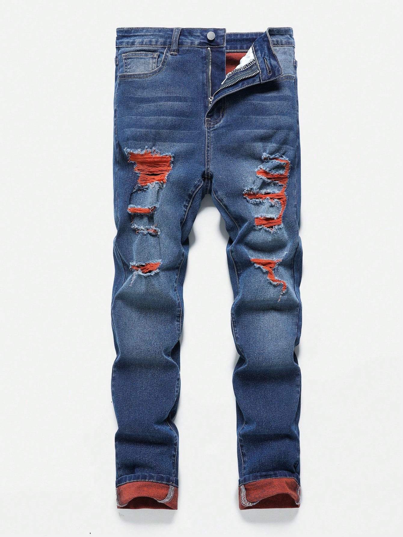 Teen Boy Orange Contrast Yarn Cut Out Ripped Frayed  Jeans For Vacation And Dailywear Cute Summer Clothes For School