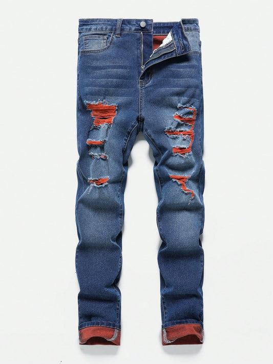 Teen Boy Orange Contrast Yarn Cut Out Ripped Frayed  Jeans For Vacation And Dailywear Cute Summer Clothes For School