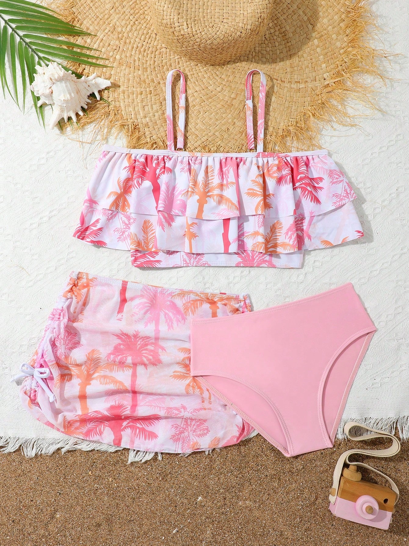 Tween Girl Tropical Print Ruffle Hem Bikini Set With Beach Skirt Summer Beach