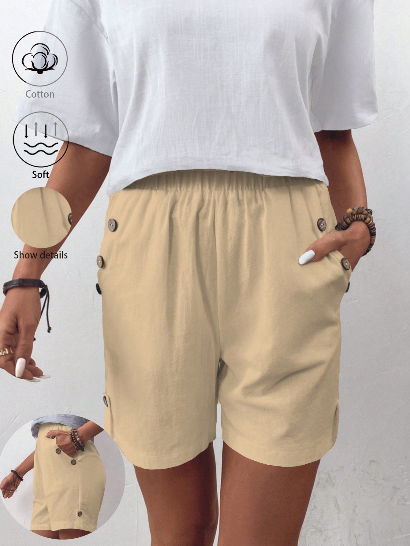 JORESS Women's Solid Color Shorts With Button Decoration