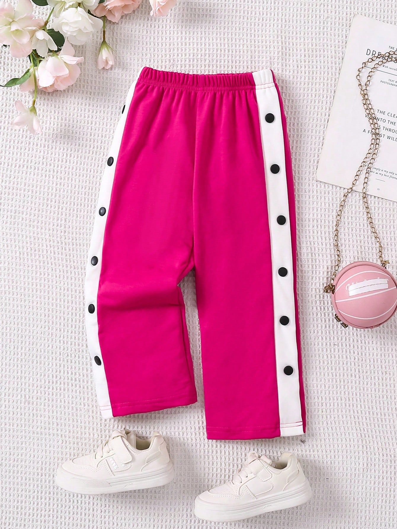 Streecool Kids Young Girl Contrast Side Button Elastic Waist Straight-Leg Sweatpants