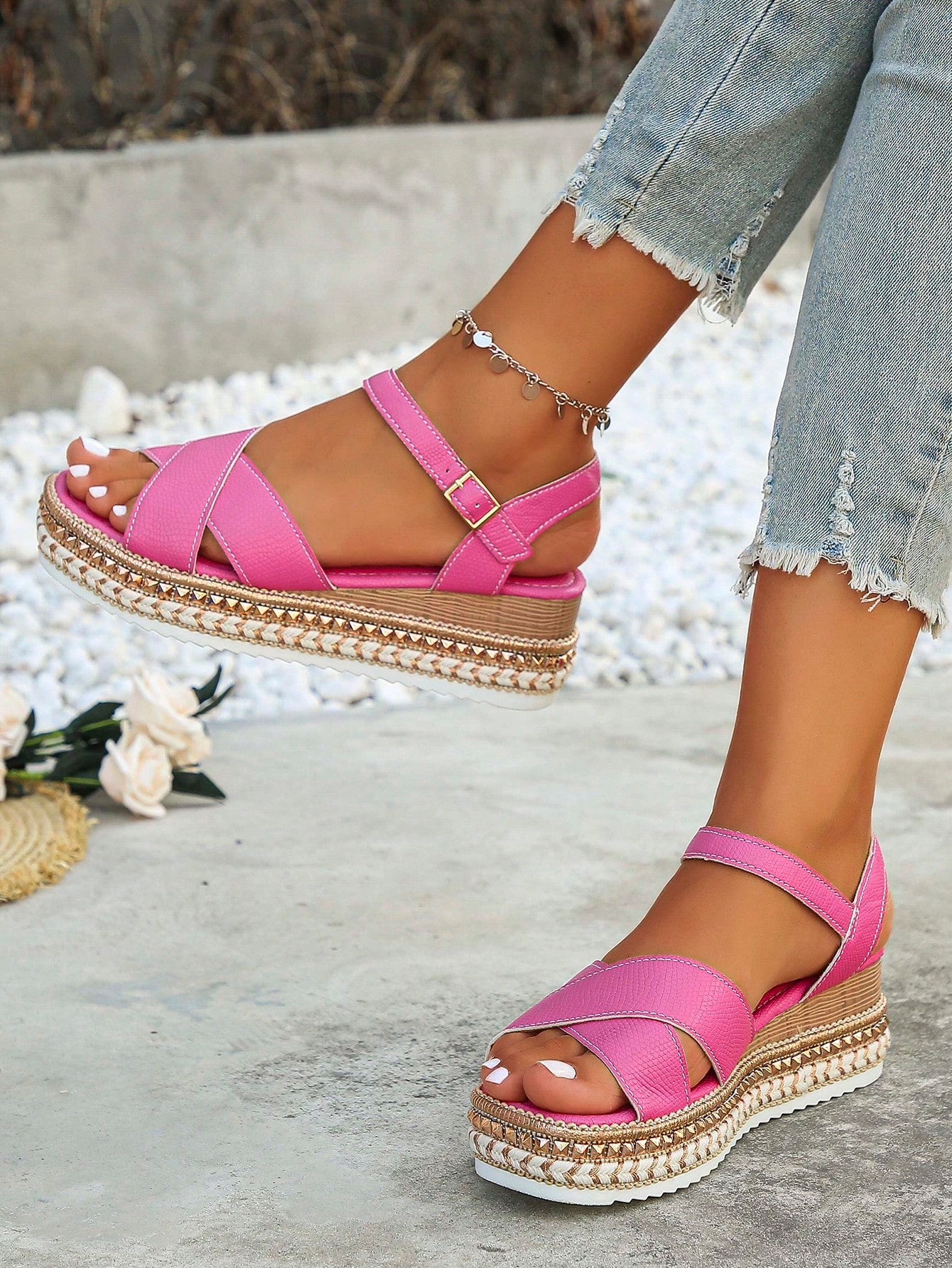 Women's Plus Size Summer Espadrille Platform Sandals With Thick Bottom And Rope Sole, Daily Wear And Increased Height, Watermelon Pink Color With Ankle Buckle Strap