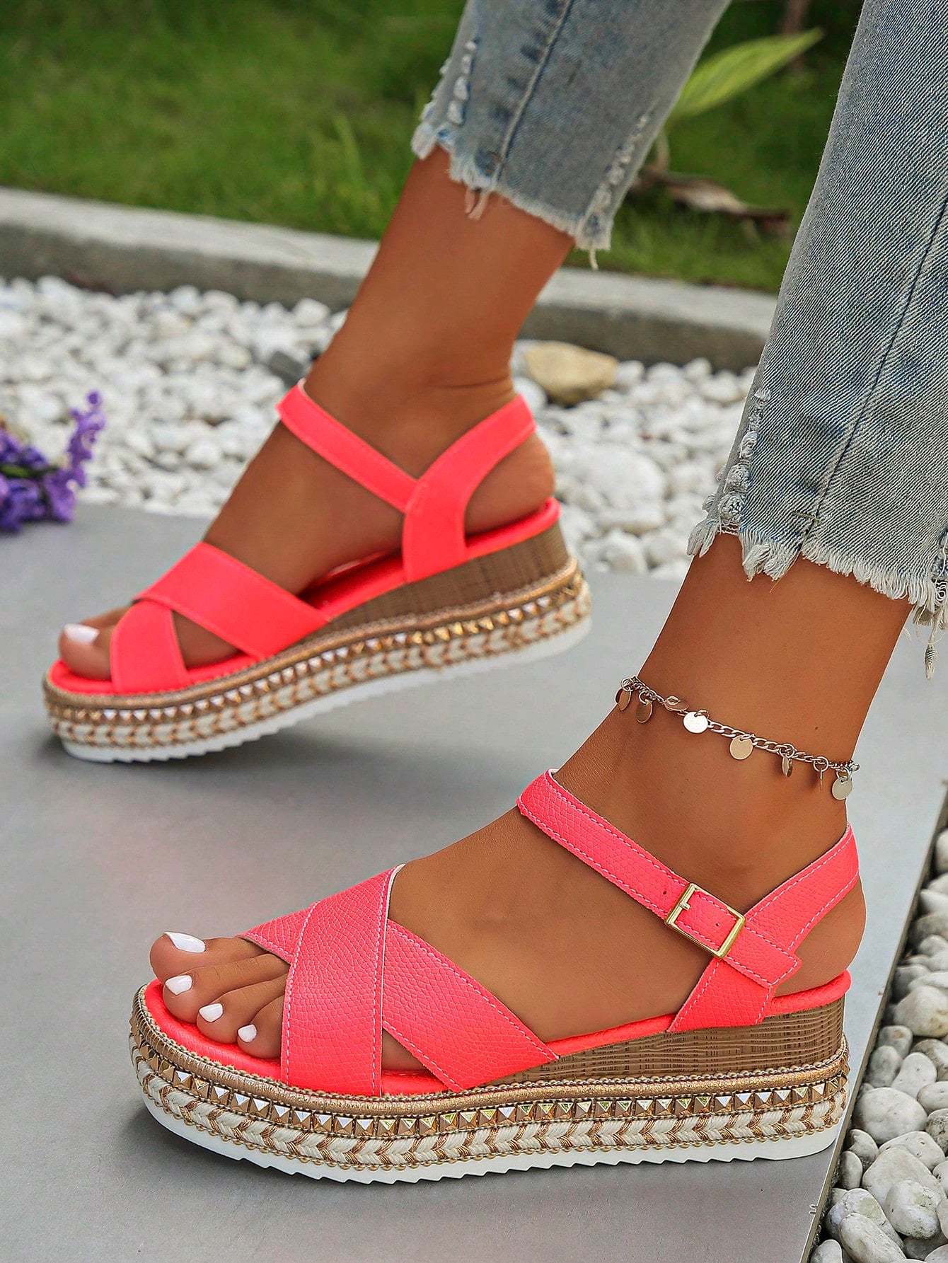 Women's Plus Size Summer Espadrille Wedge Sandals, Thick Bottom, Daily Wear, Black, Bowknot Buckle, Platform Wedge Heels