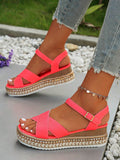 Women's Plus Size Summer Espadrille Platform Sandals With Thick Bottom And Rope Sole, Daily Wear And Increased Height, Watermelon Pink Color With Ankle Buckle Strap