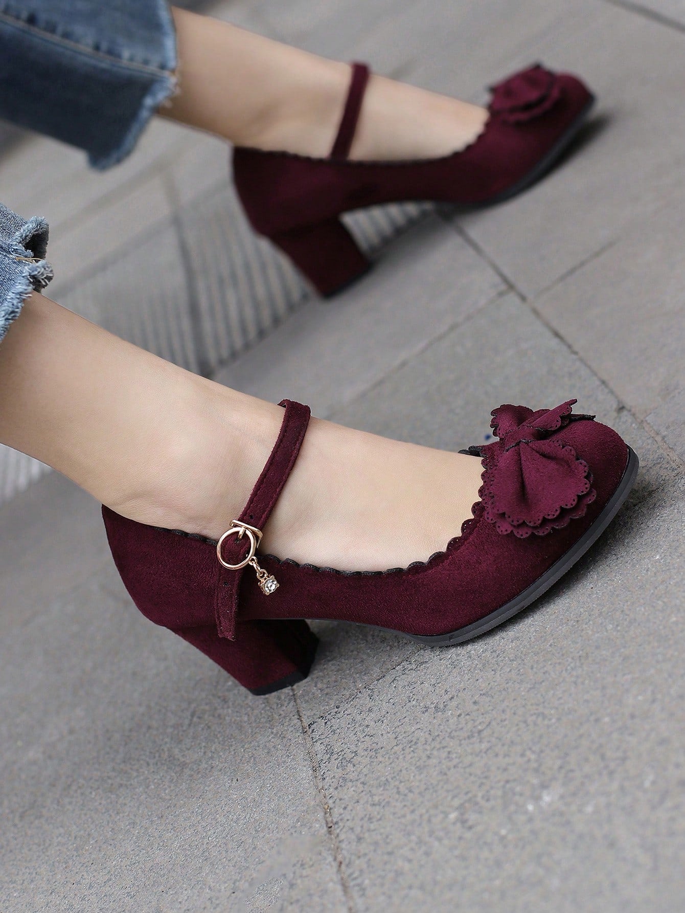 Wine Red High Heel Mary Jane Shoes For Women With 3D Bow Tie And Faux Suede, Chunky Heel