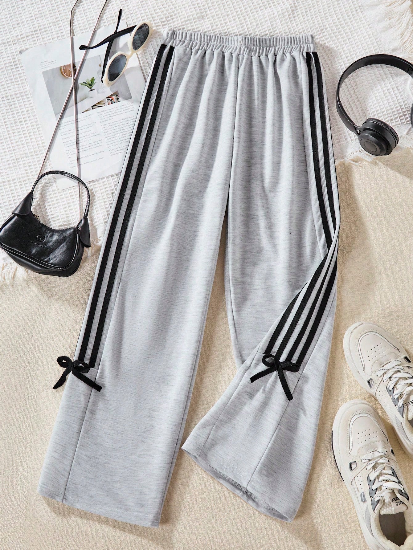 Girls' Casual Straight-Leg Sweatpants With Side Tape & Bow Decor