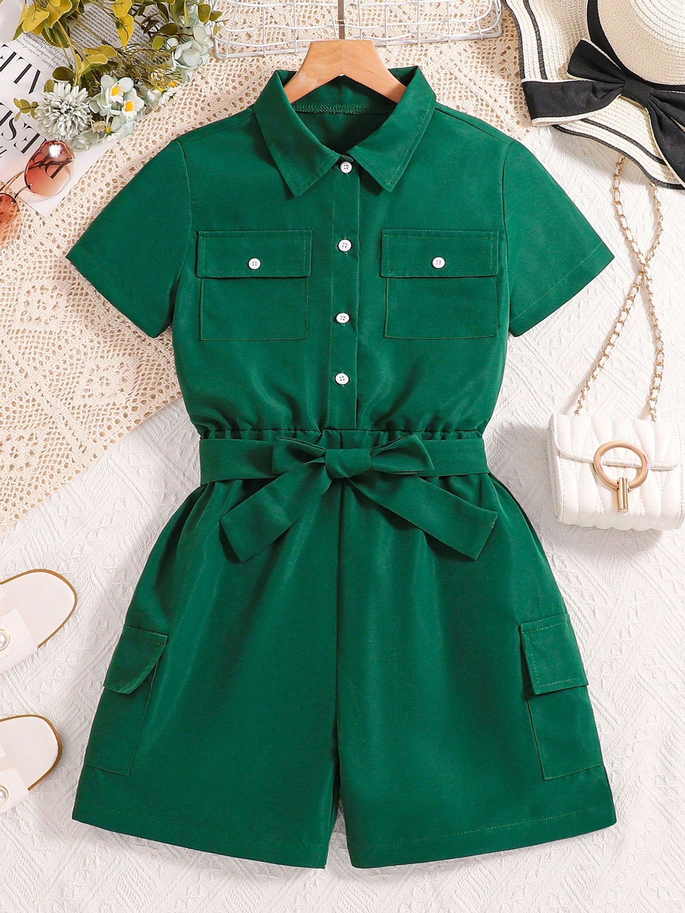 Tween Girl Flap Pocket Belted Shirt Romper