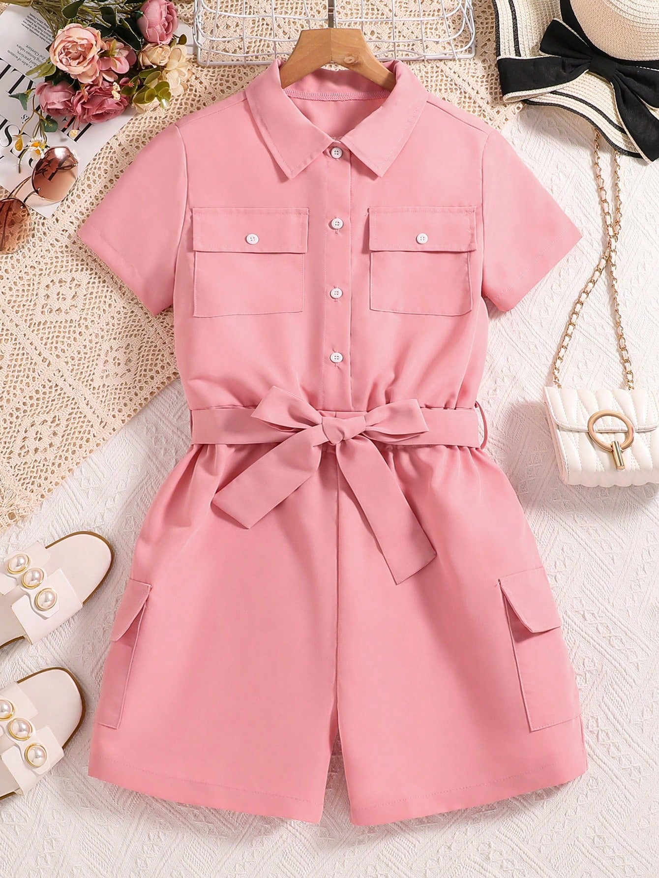 Tween Girl Flap Pocket Belted Shirt Romper