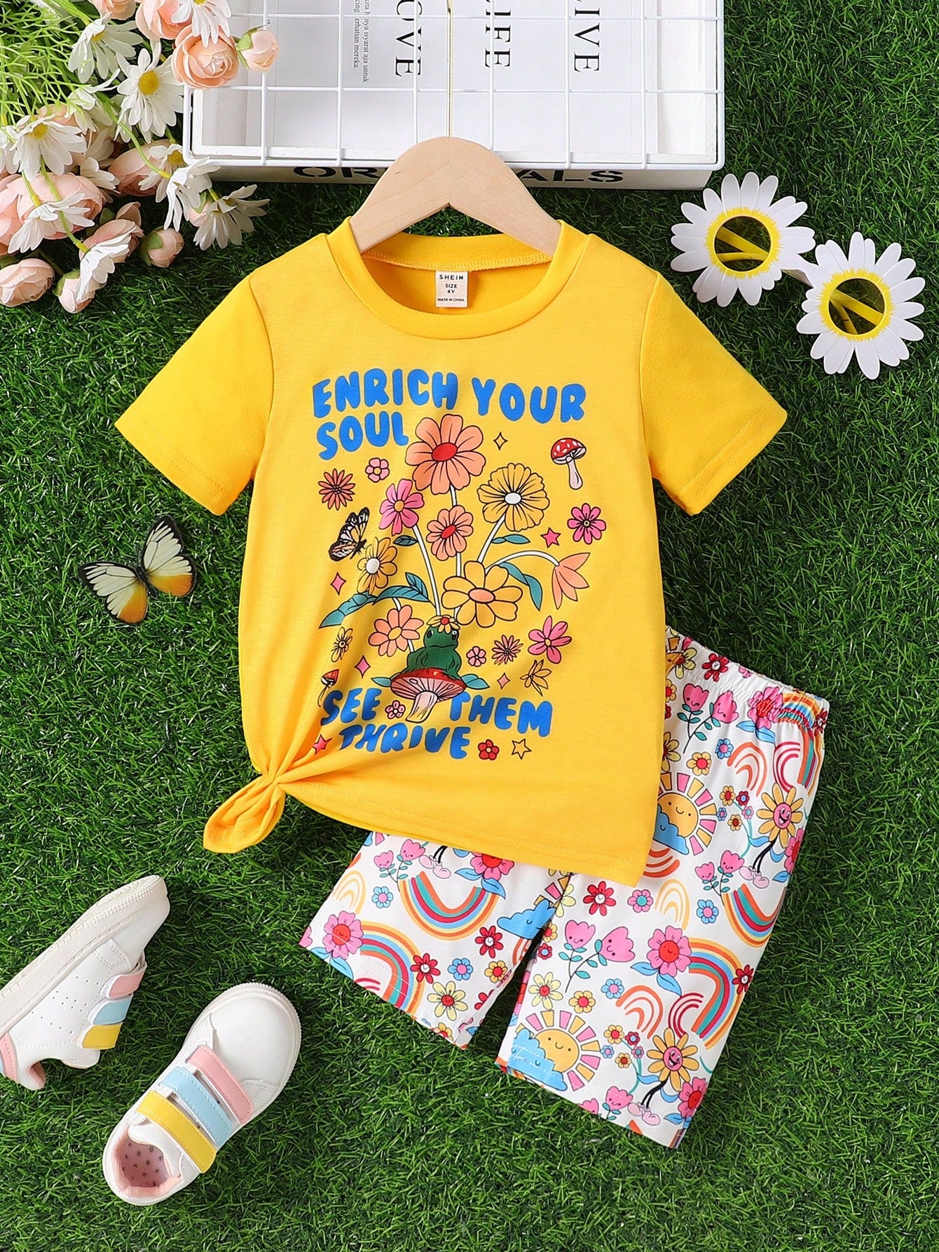 Young Girl Unicorn Printed Short Sleeve T-Shirt And Shorts Set, Summer