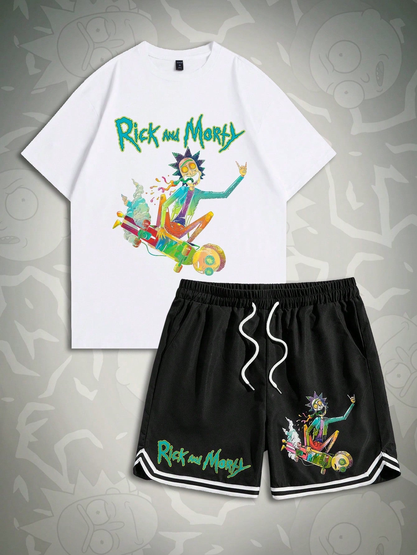 Rick and Morty | Men's Casual Cartoon Character & Letter Print Short Sleeve T-Shirt And Drawstring Waist Shorts Summer Outfits