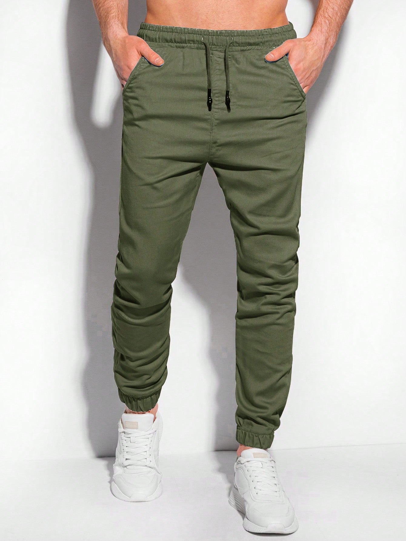 Men Drawstring Waist Slant Pocket Pants