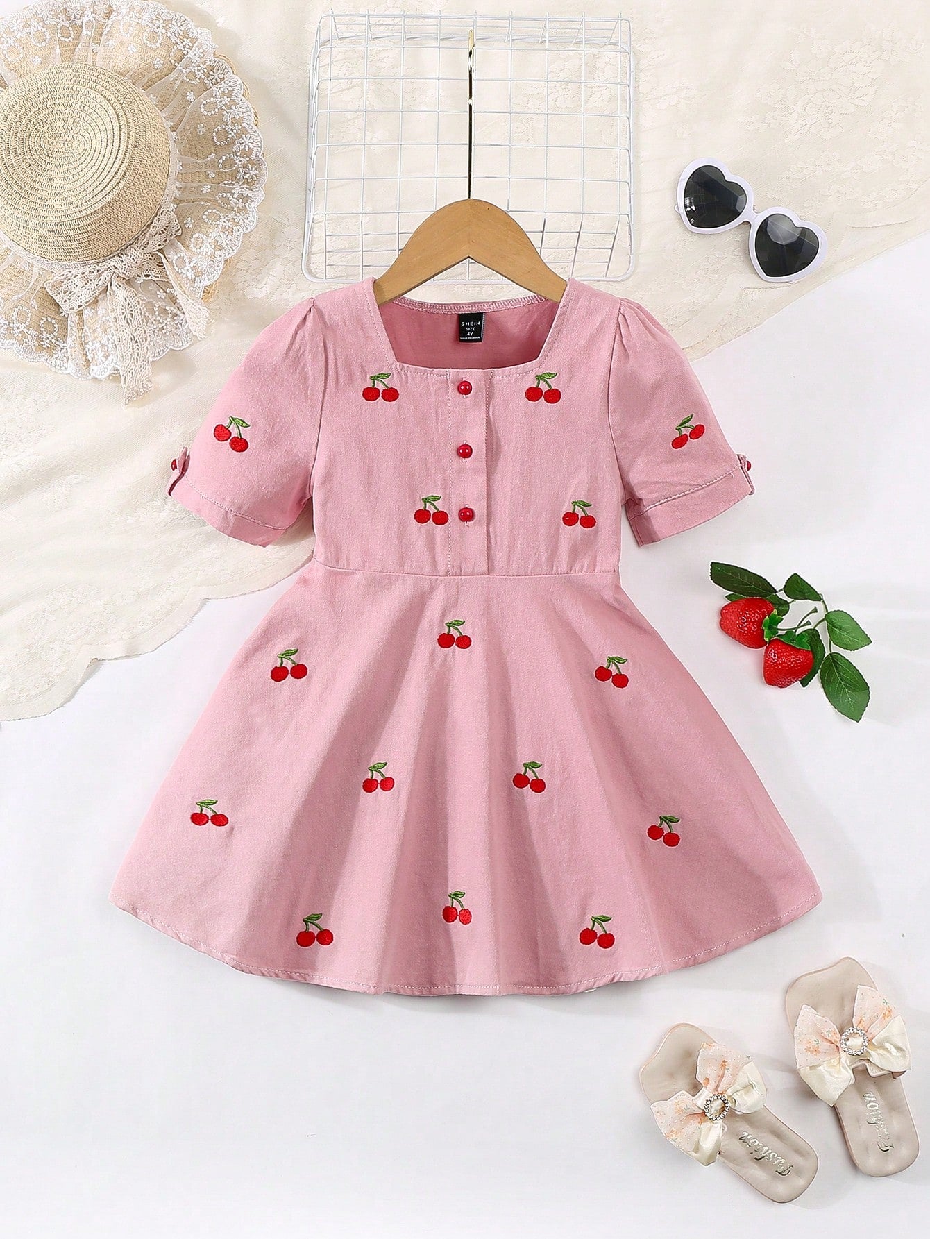 Girls' Sweet And Cute Cherry Embroidery Conservative Loose Comfortable Soft Square Neck Bubble Short Sleeve Light Wash Denim Dress