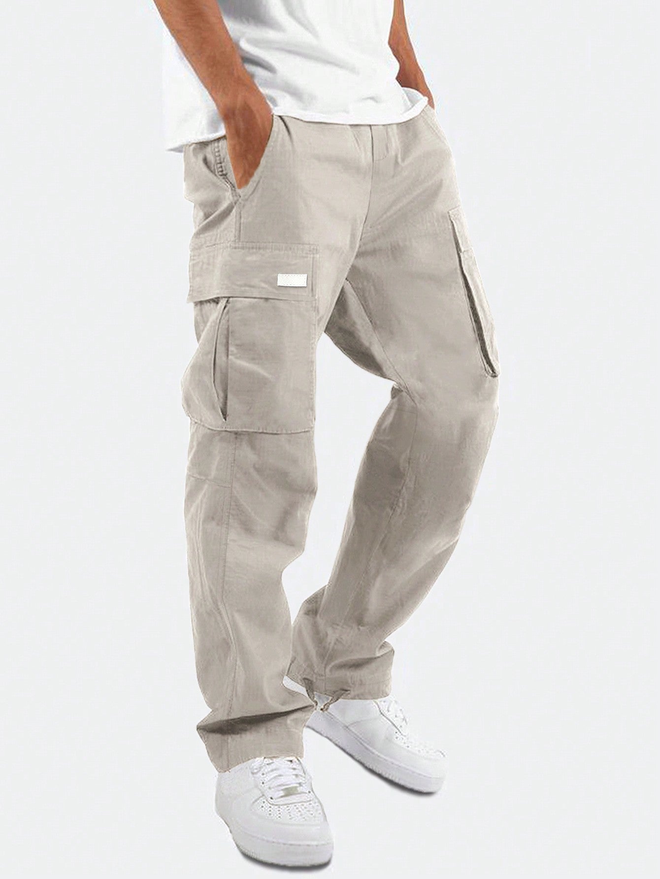 Men Patched Detail Flap Pocket Drawstring Waist Cargo Pants