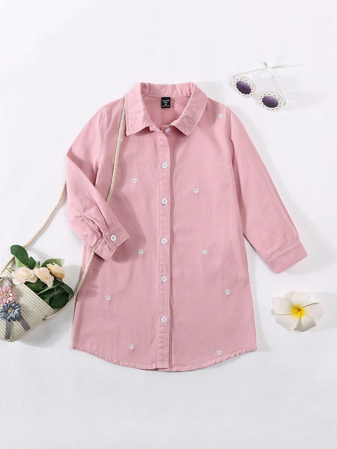 Girls' Casual And Versatile Vacation Style Chamomile Flower Embroidery Loose And Comfortable Denim Shirt Dress