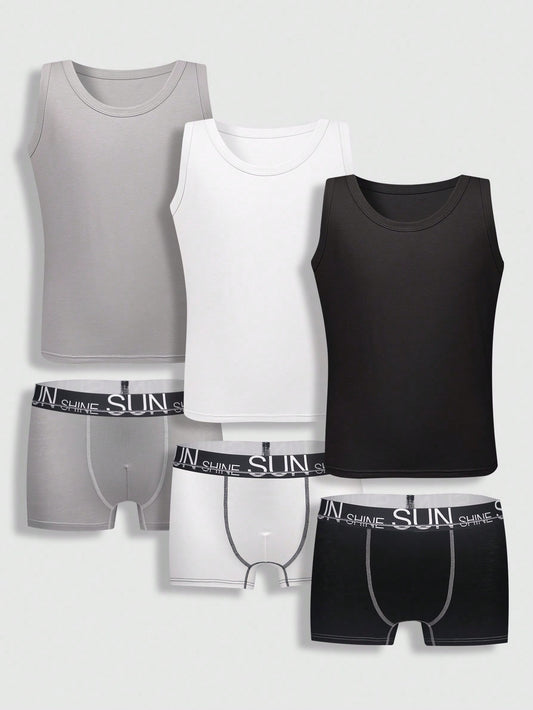 Tween Boy Basic Letter Print Colored Underwear Set With Belt