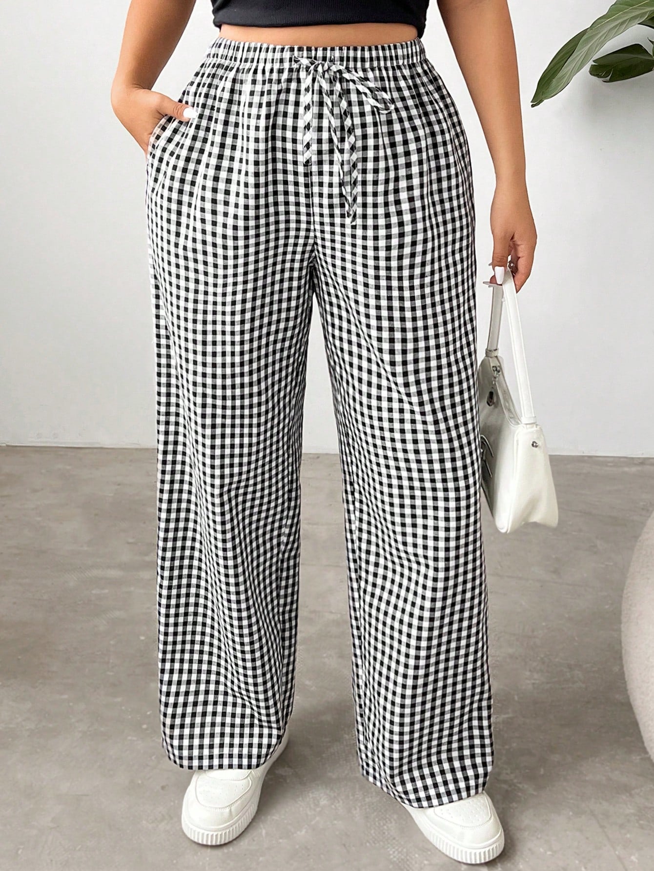 Plus Size Casual Loose Plaid Elastic Waist Wide-Leg Pants