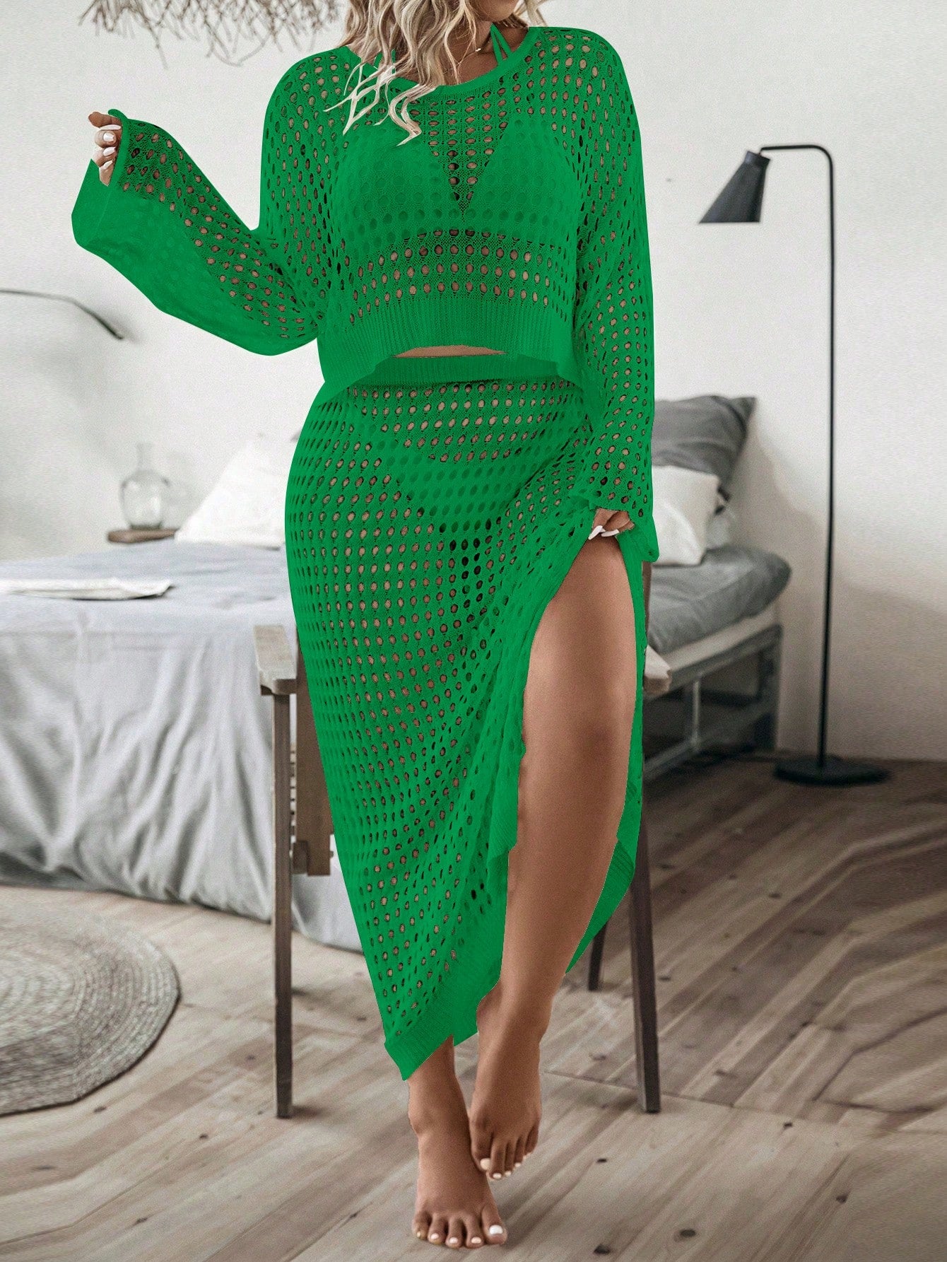 Plus Size Solid Color Hollow Out Knitted Sweater Suit