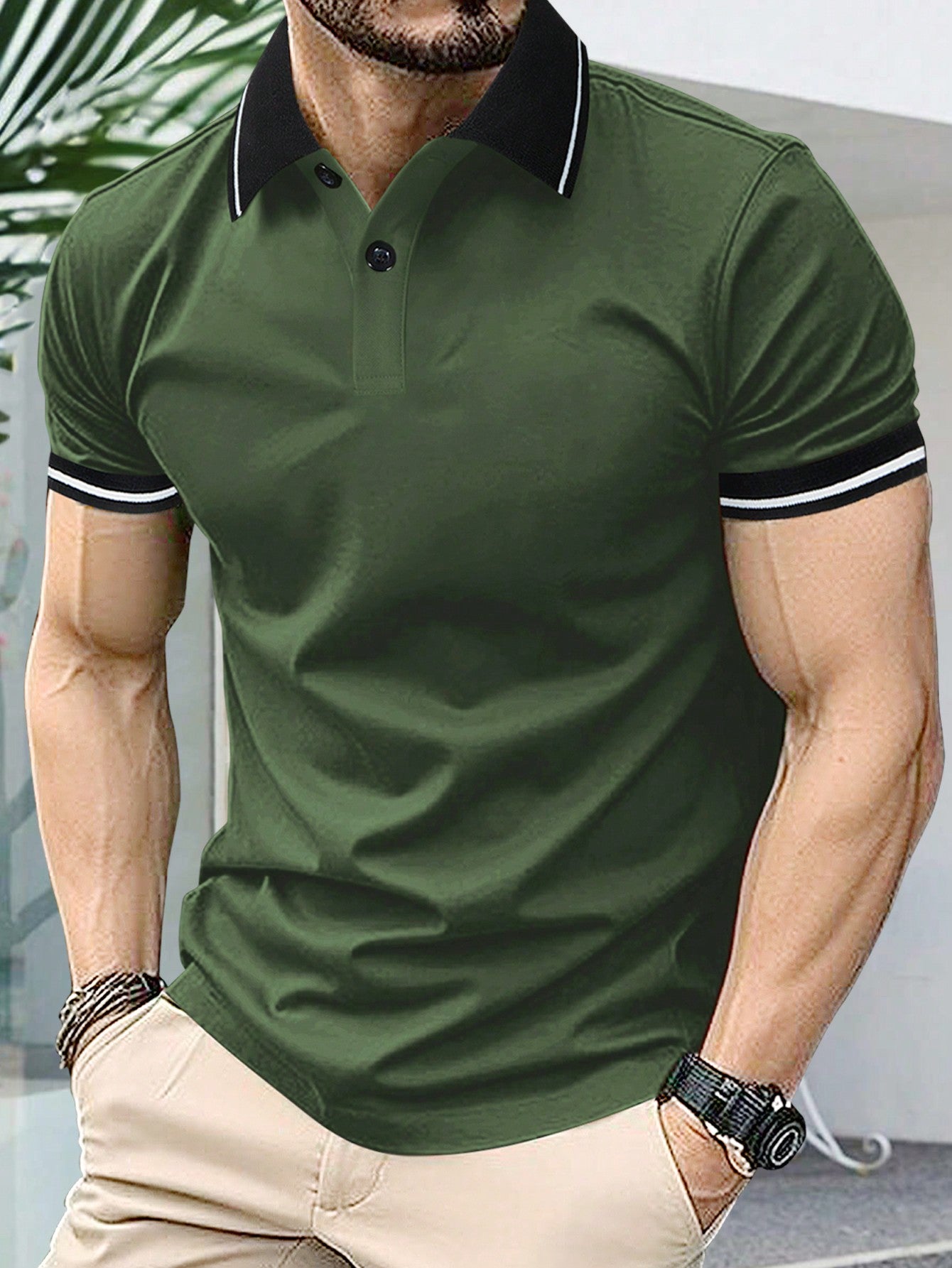 Men Summer Casual Striped Trim Short Sleeve Polo Shirt