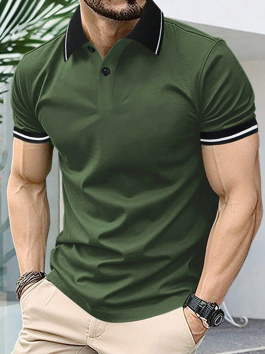 Men Summer Casual Striped Decorated Short Sleeve Polo Shirt With Edging