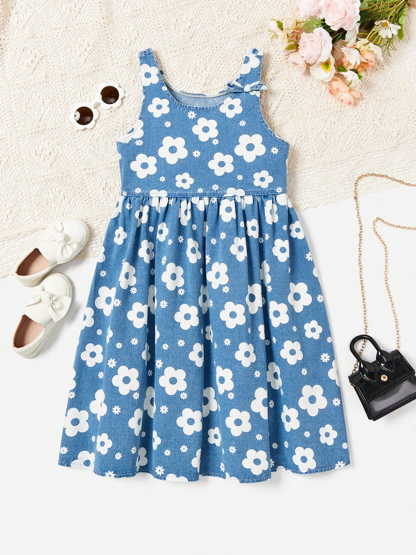 Tween Girl Casual And Cute Trendy Pattern Denim Dress, Spring/Summer