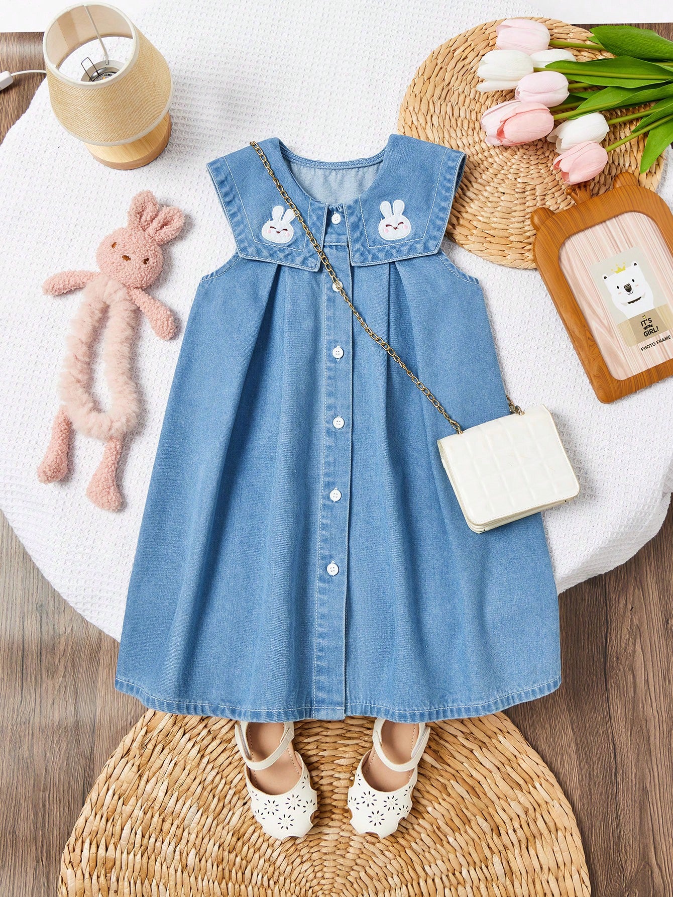 Young Girl New Casual Fashion Denim Dress With Rabbit Embroidery Design, Washed Effect