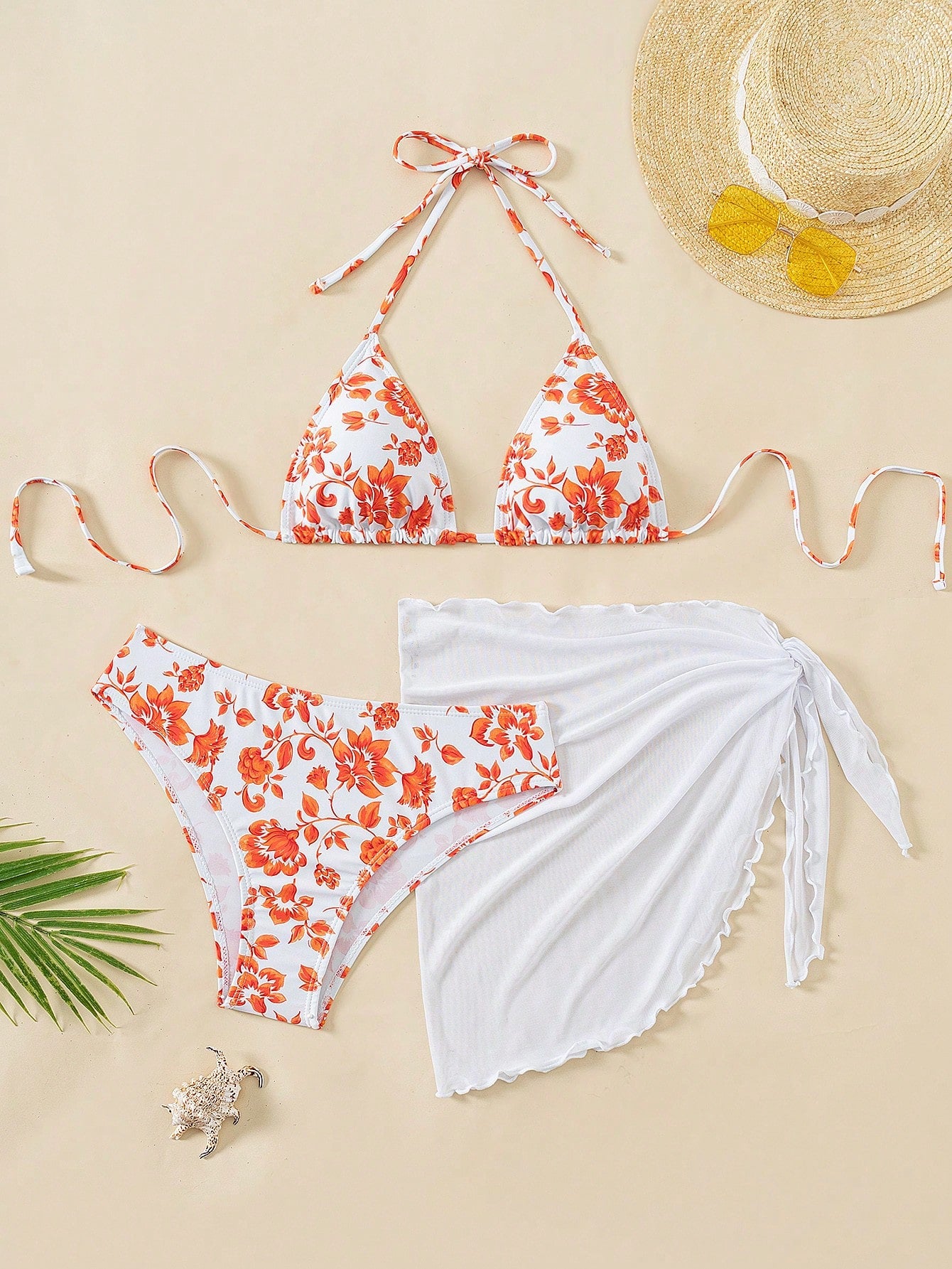 Women's Summer Beach Ditsy Floral Halter Neck Tie Bikini Swimwear Set With Cover-Up Skirt, 3 Pieces Bathing Suits