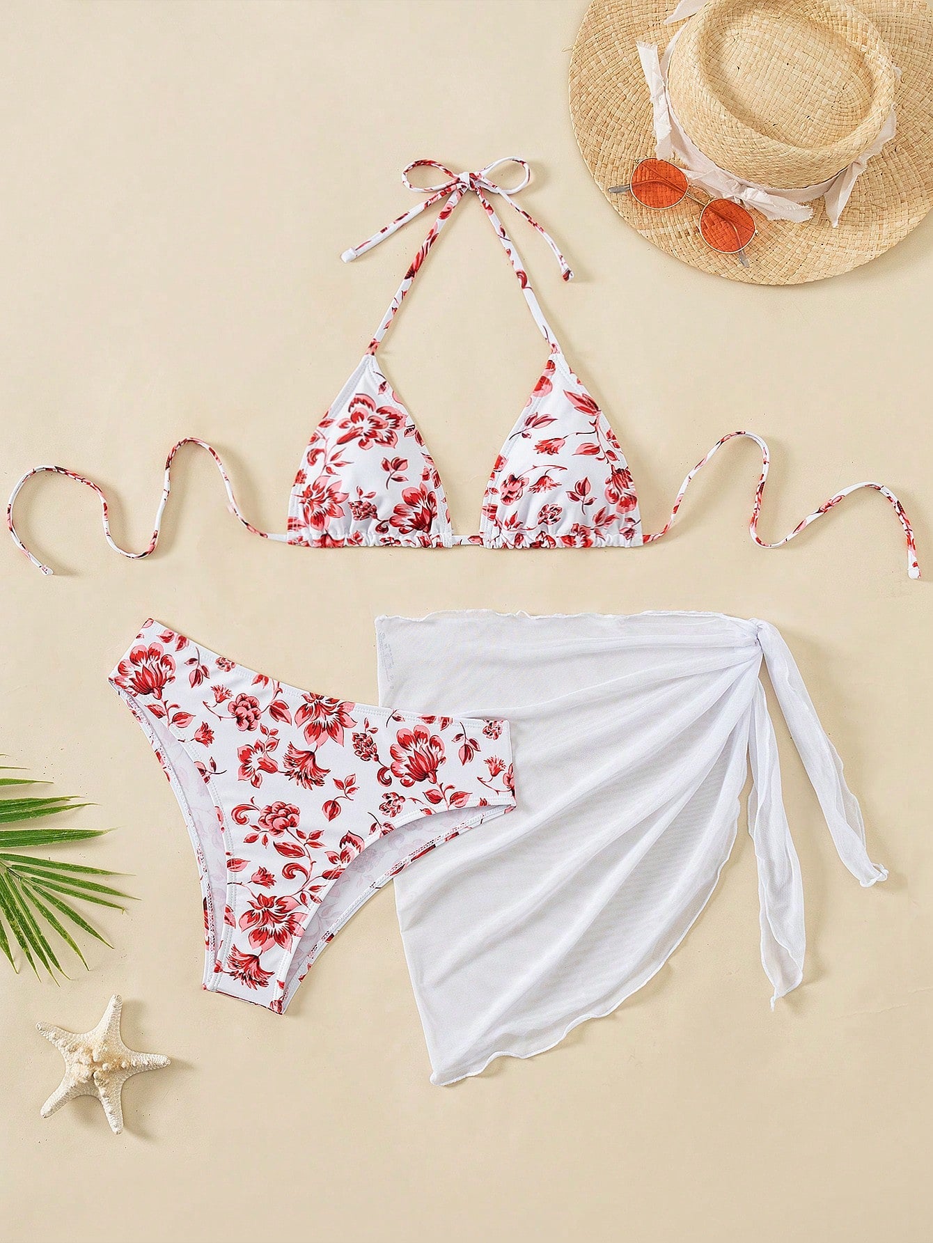 Swim Mod Summer Beach Floral Print Triangle Bikini Set With Beach Skirt