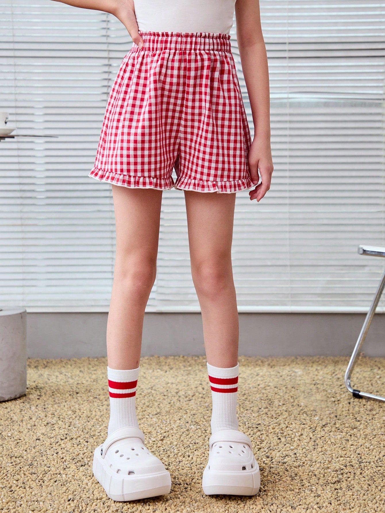 Tween Girl Casual Red Plaid Woven Straight Shorts, Spring/Summer Outfit