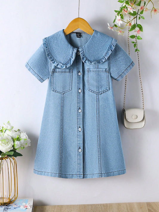 Young Girl Summer Casual Peter Pan Collar Front Button Denim Dress