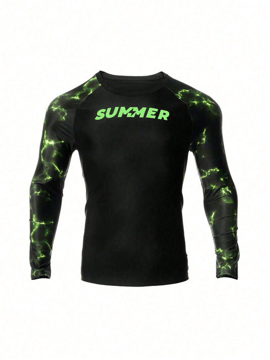 Men's Long Sleeve Surfing Rash Guard With Lightning Print Patchwork