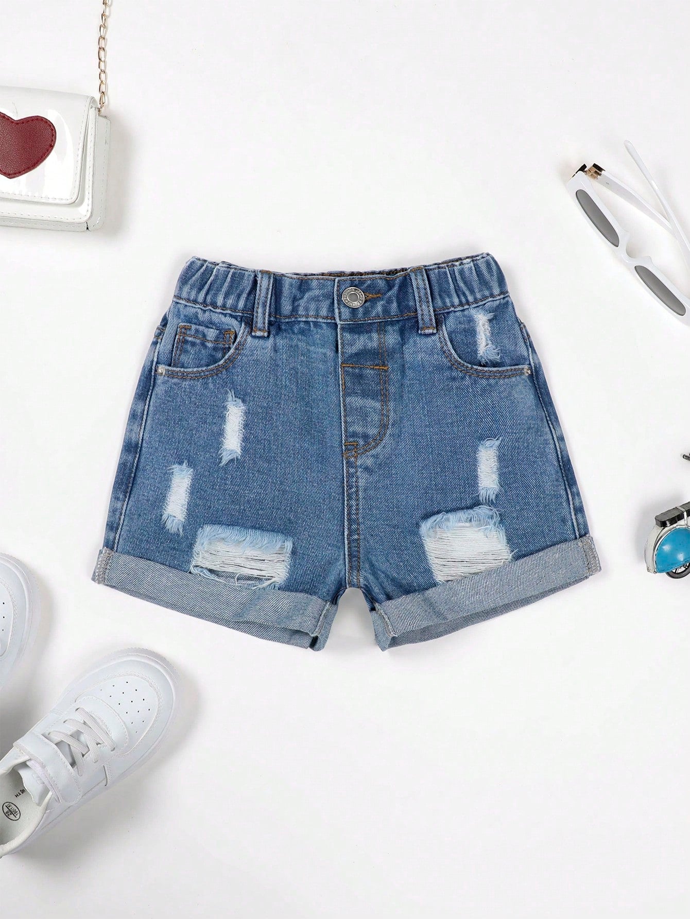 Young Girl Ripped Roll Up Hem Denim Shorts