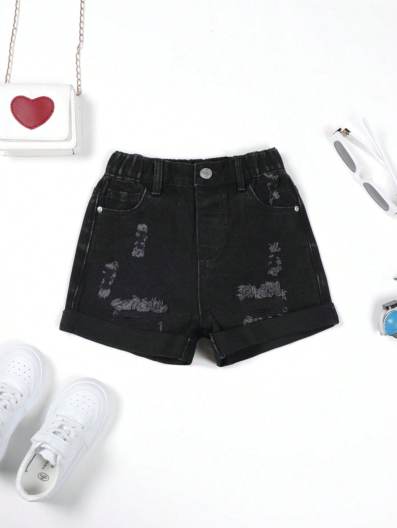 Young Girl Ripped Roll Up Hem Denim Shorts