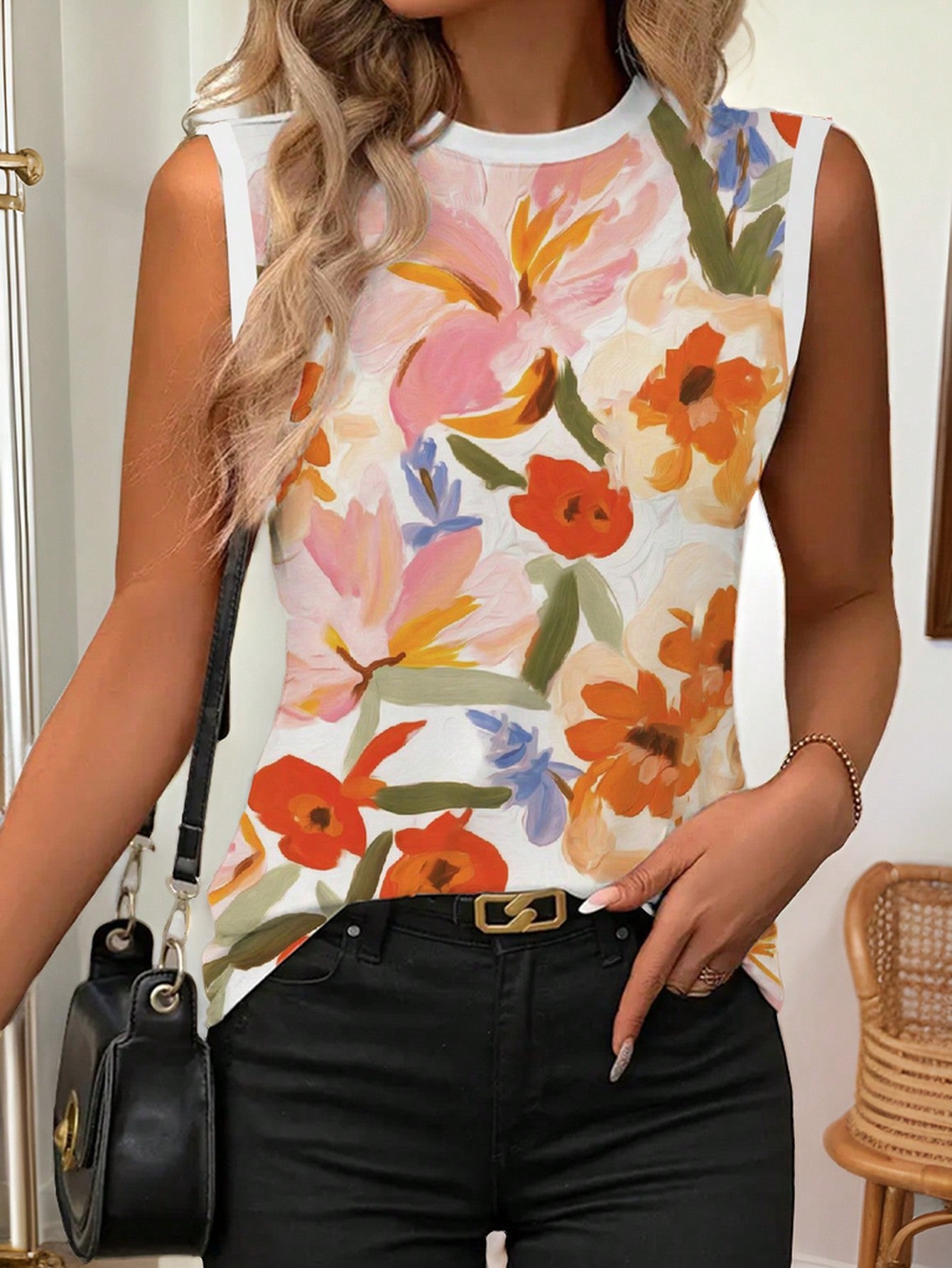 Casual Floral Printed Round Neck Knitted T-Shirt, Perfect For Summer Outings