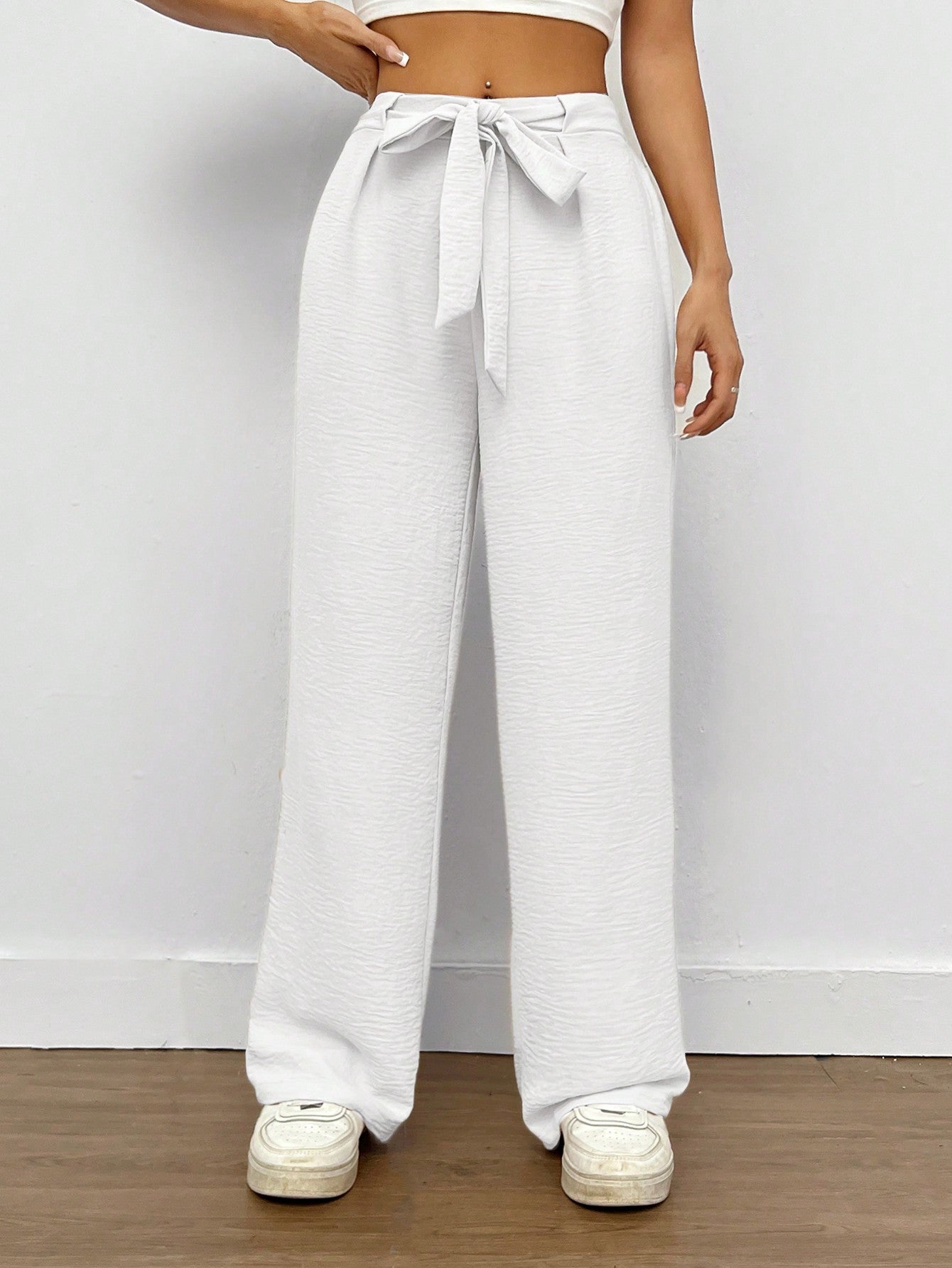 Solid Color High Waisted Belted Wide Leg Pants