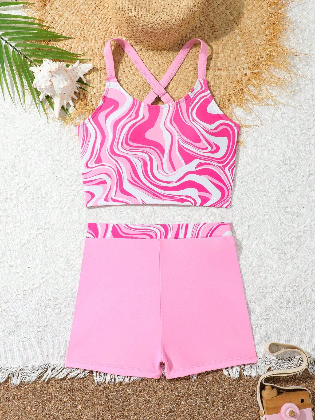 Tween Girl Marble Print Tank Top & Shorts Tankini Set