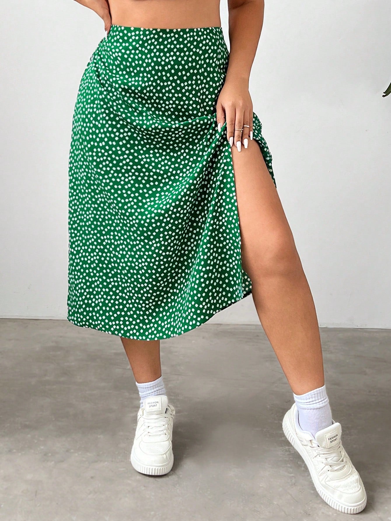 Plus Size Mid-Length A Slit Polka Dot Casual Vacation Skirt