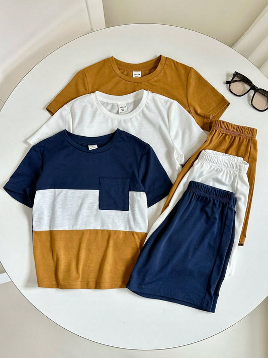 6pcs Young Boys' Casual College Style Colorblock Round Neck Short Sleeve T-Shirt And Solid Color Elastic Waist Shorts/Long Pants, Comfortable And Versatile Outfits For Outdoor And Home Wear