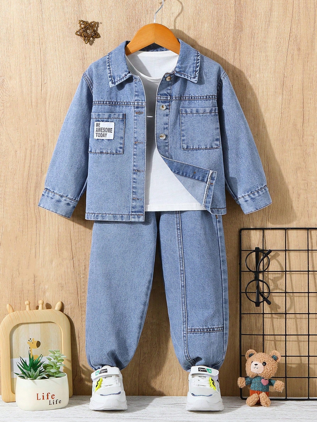 Young Boys' Street Cool Flat Pockets With Patch Detail Button Front Overshirt And Fully Elastic Waist Jogger Jeans Two Piece Set